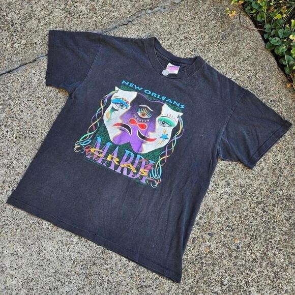 Vtg 90s NEW ORLEANS Mardi Gras Third Eye Graphic T Shirt Lg Single Stitch USA - Picture 2 of 6